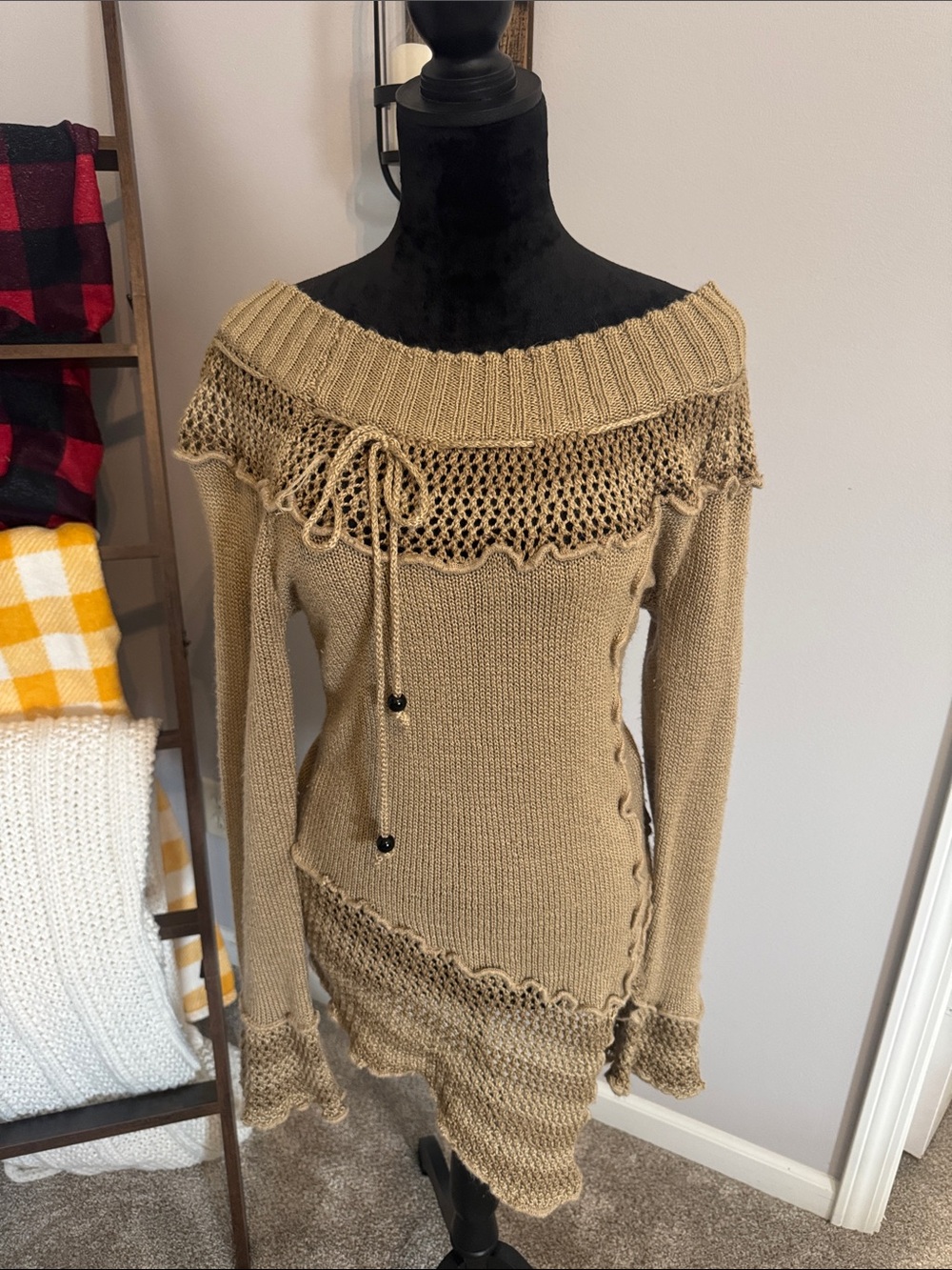 Boston Proper Camel Knit Off-the-Shoulder Lace-Trim Sweater